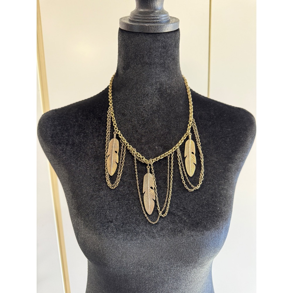 Antique Gold Tone Multi Strand Feather Draped Statement Necklace Boho Festival